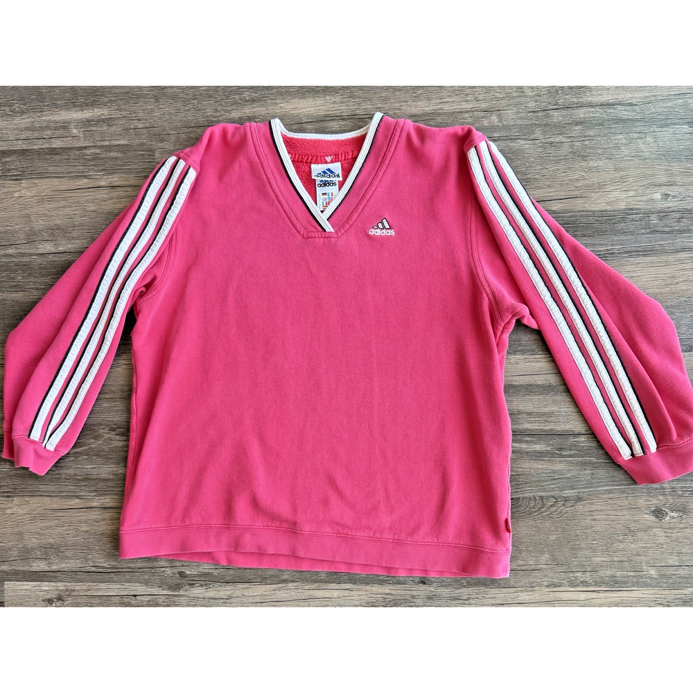 Vintage Adidas V Neck Sweatshirt Womens XS Pink 3 Stripe Heavyweight Y2K